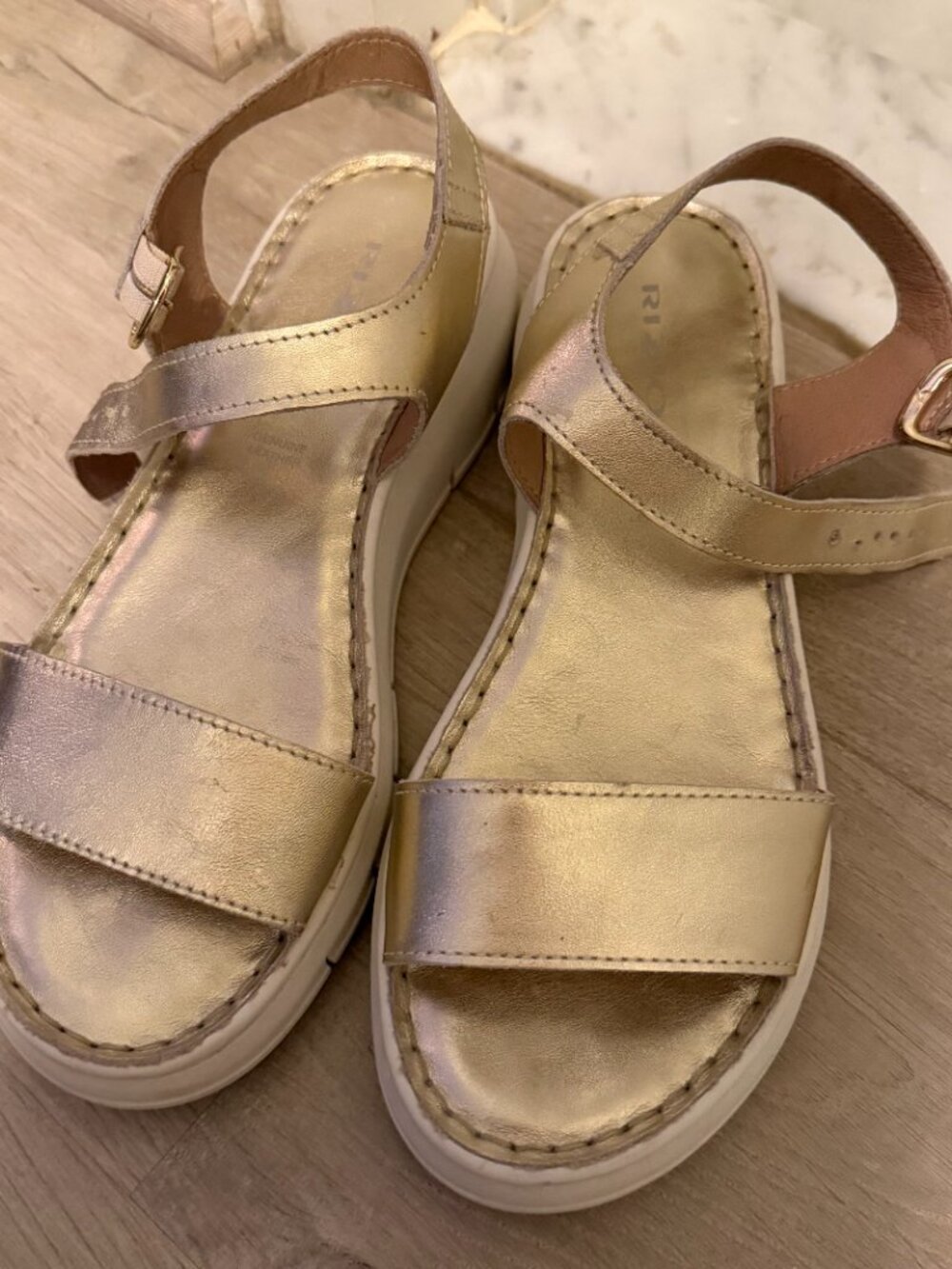 Rizzoli Genuine Leather Metallic Gold Platform Sandals Comfort Chunky Sandals 38 - Picture 8 of 9